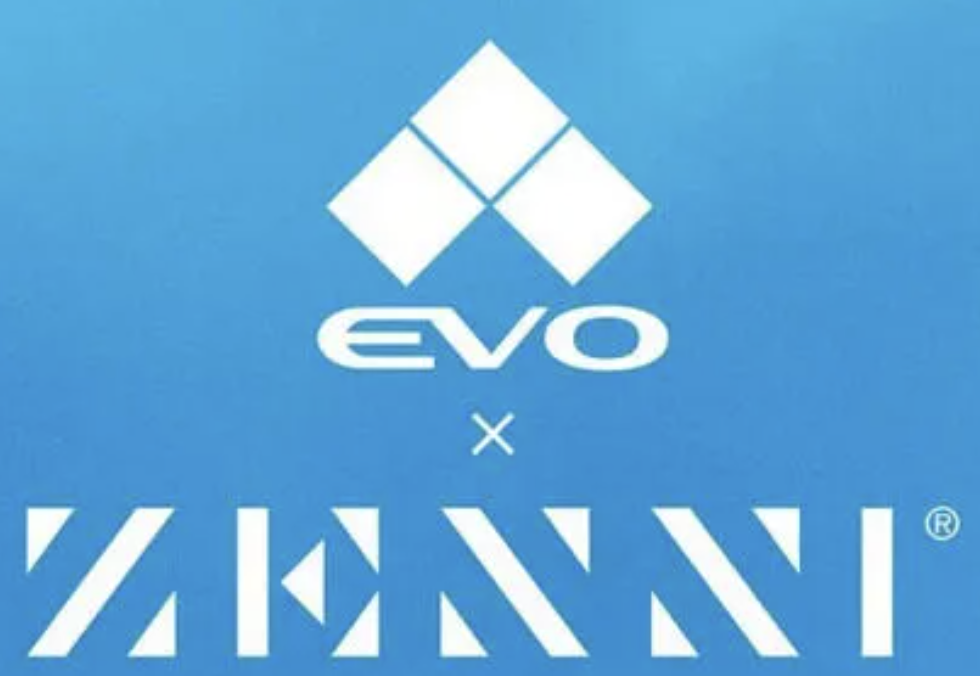 Evo x Zenni logo on a blue background
